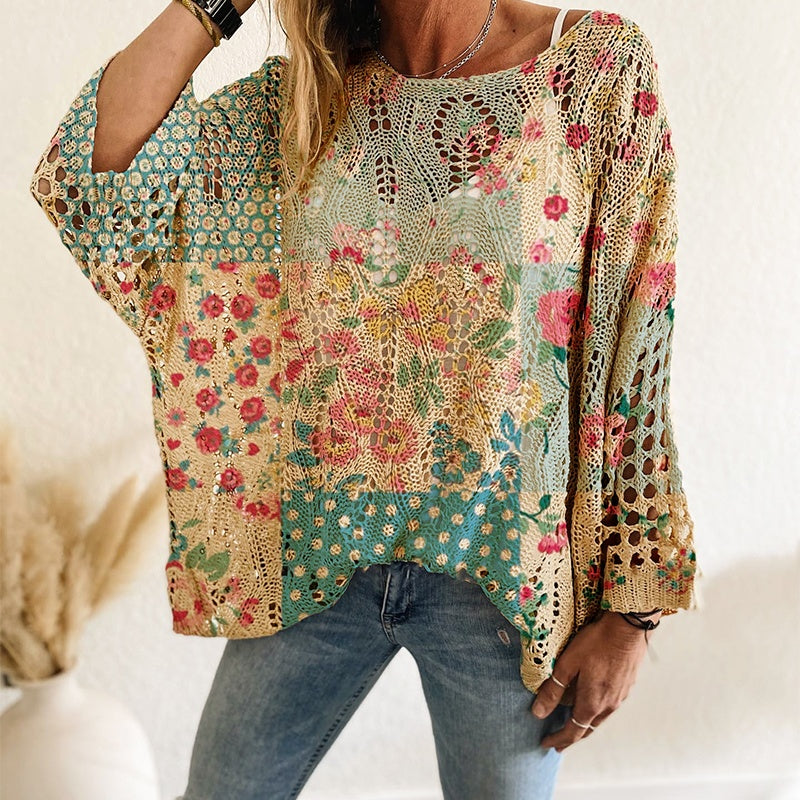 Women's Sunflower Print Sweater Hollow Out Drop Shoulder Crew Neck Long Sleeve Knit Pullover Tops