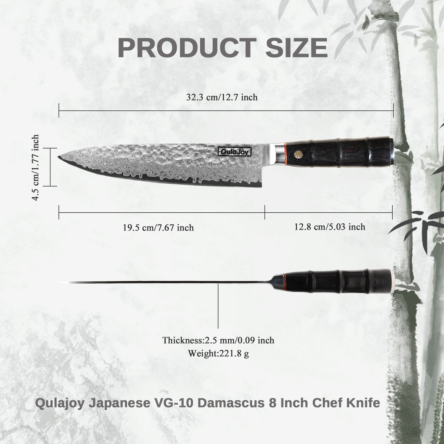 Qulajoy Japanese Chef Knife 8 Inch,67 Layers Damascus VG-10 Steel Core,Professional Hammered Kitchen Knife,Handcrafted With Ergonomic Bamboo Shape Handle