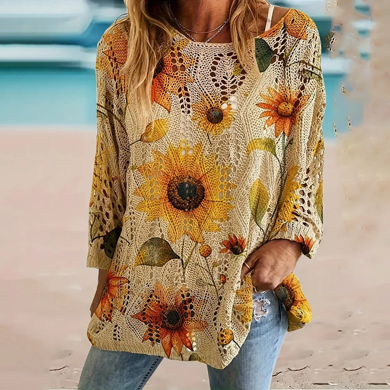 Women's Sunflower Print Sweater Hollow Out Drop Shoulder Crew Neck Long Sleeve Knit Pullover Tops