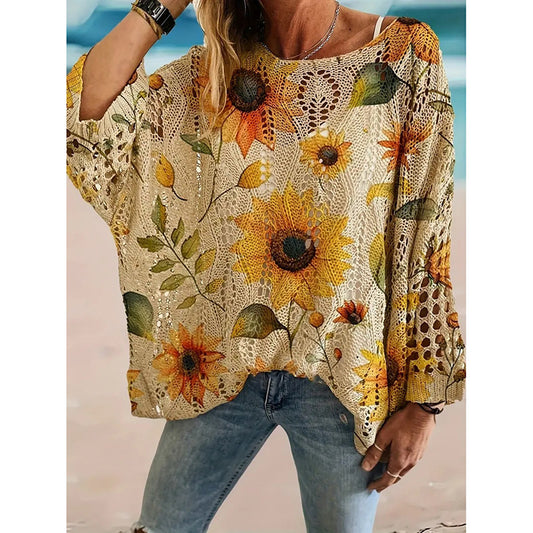 Women's Sunflower Print Sweater Hollow Out Drop Shoulder Crew Neck Long Sleeve Knit Pullover Tops