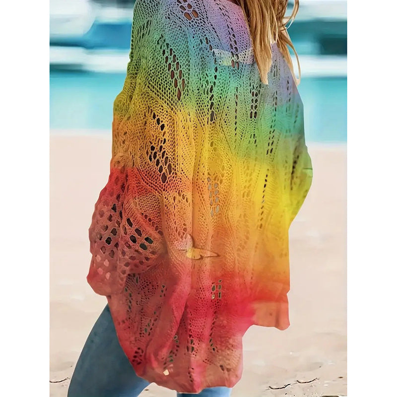 Women's Sunflower Print Sweater Hollow Out Drop Shoulder Crew Neck Long Sleeve Knit Pullover Tops