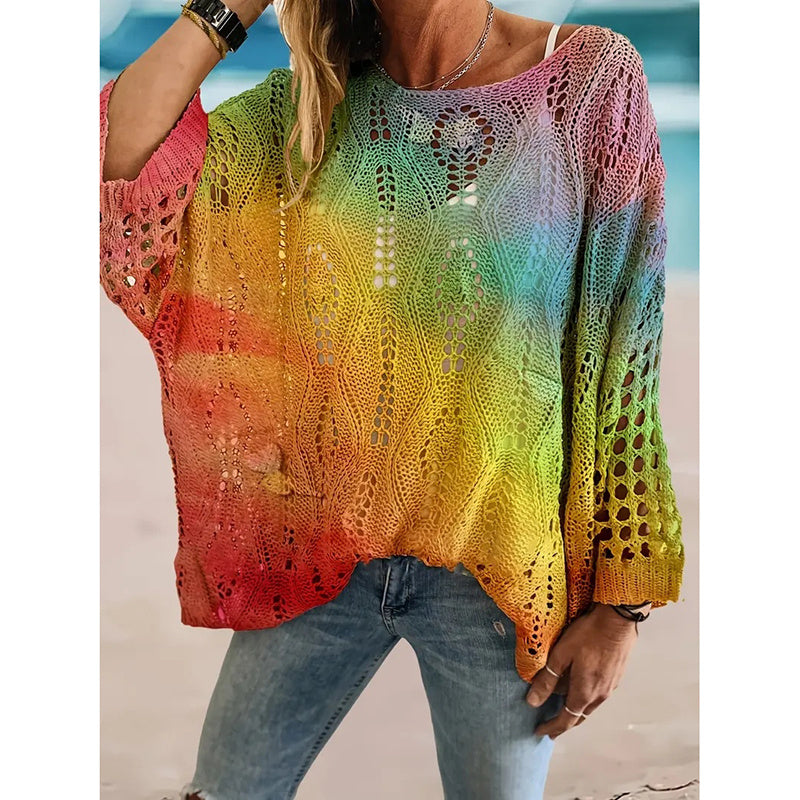 Women's Sunflower Print Sweater Hollow Out Drop Shoulder Crew Neck Long Sleeve Knit Pullover Tops