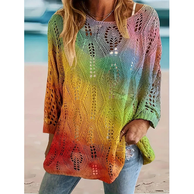 Women's Sunflower Print Sweater Hollow Out Drop Shoulder Crew Neck Long Sleeve Knit Pullover Tops