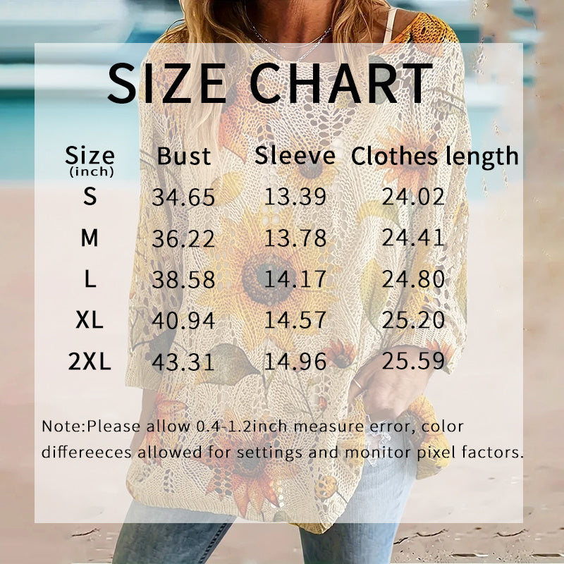 Women's Sunflower Print Sweater Hollow Out Drop Shoulder Crew Neck Long Sleeve Knit Pullover Tops