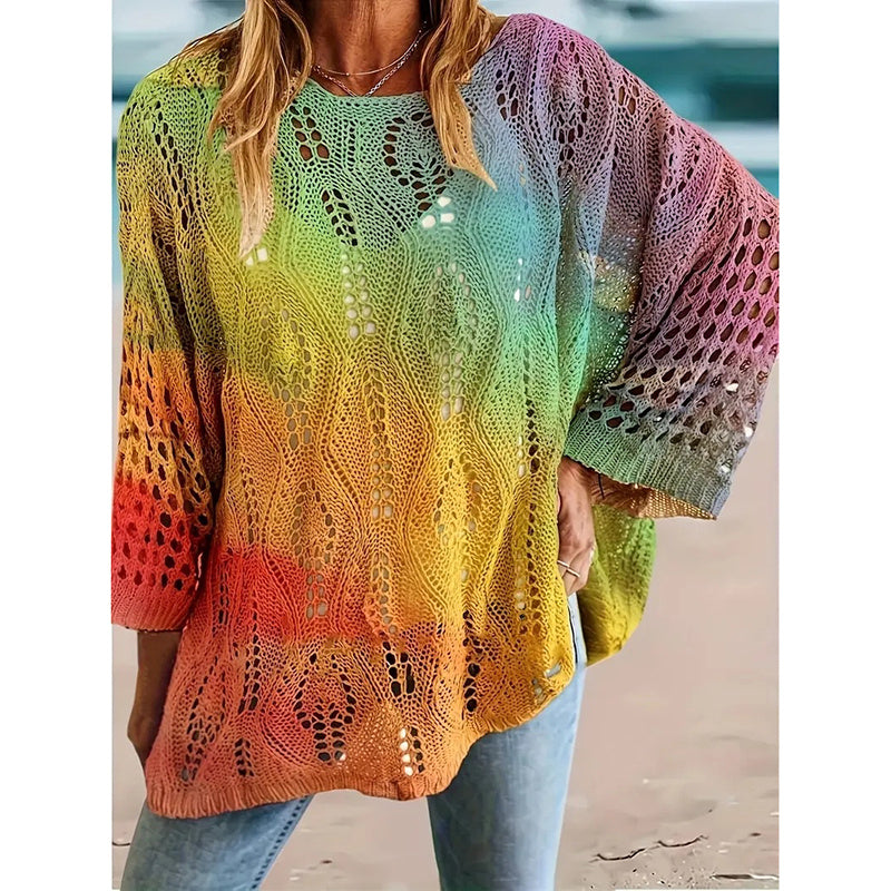 Women's Sunflower Print Sweater Hollow Out Drop Shoulder Crew Neck Long Sleeve Knit Pullover Tops