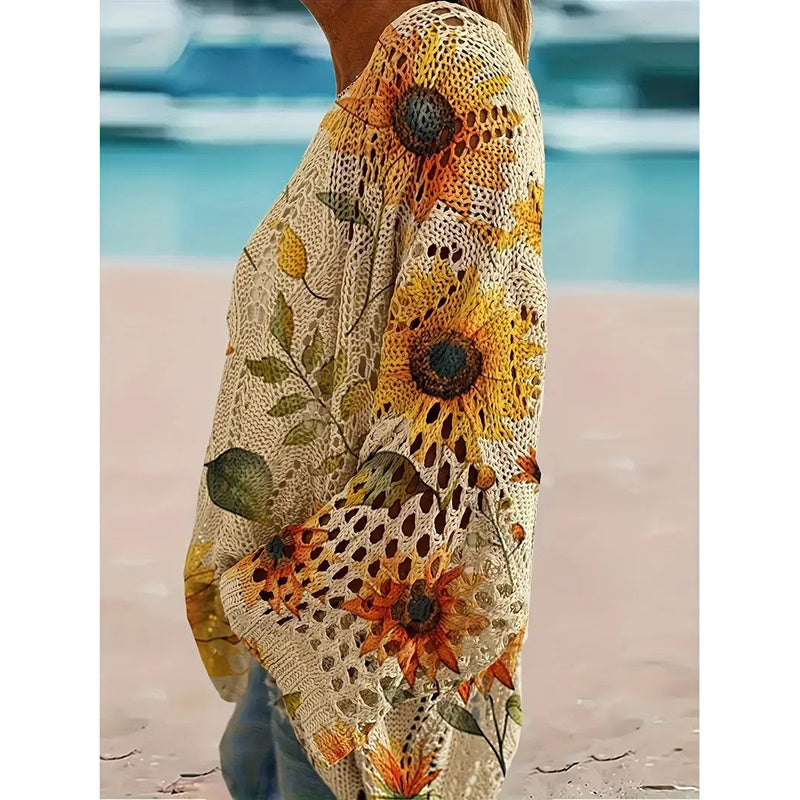 Women's Sunflower Print Sweater Hollow Out Drop Shoulder Crew Neck Long Sleeve Knit Pullover Tops