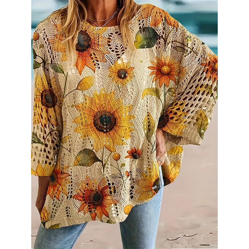 Women's Sunflower Print Sweater Hollow Out Drop Shoulder Crew Neck Long Sleeve Knit Pullover Tops